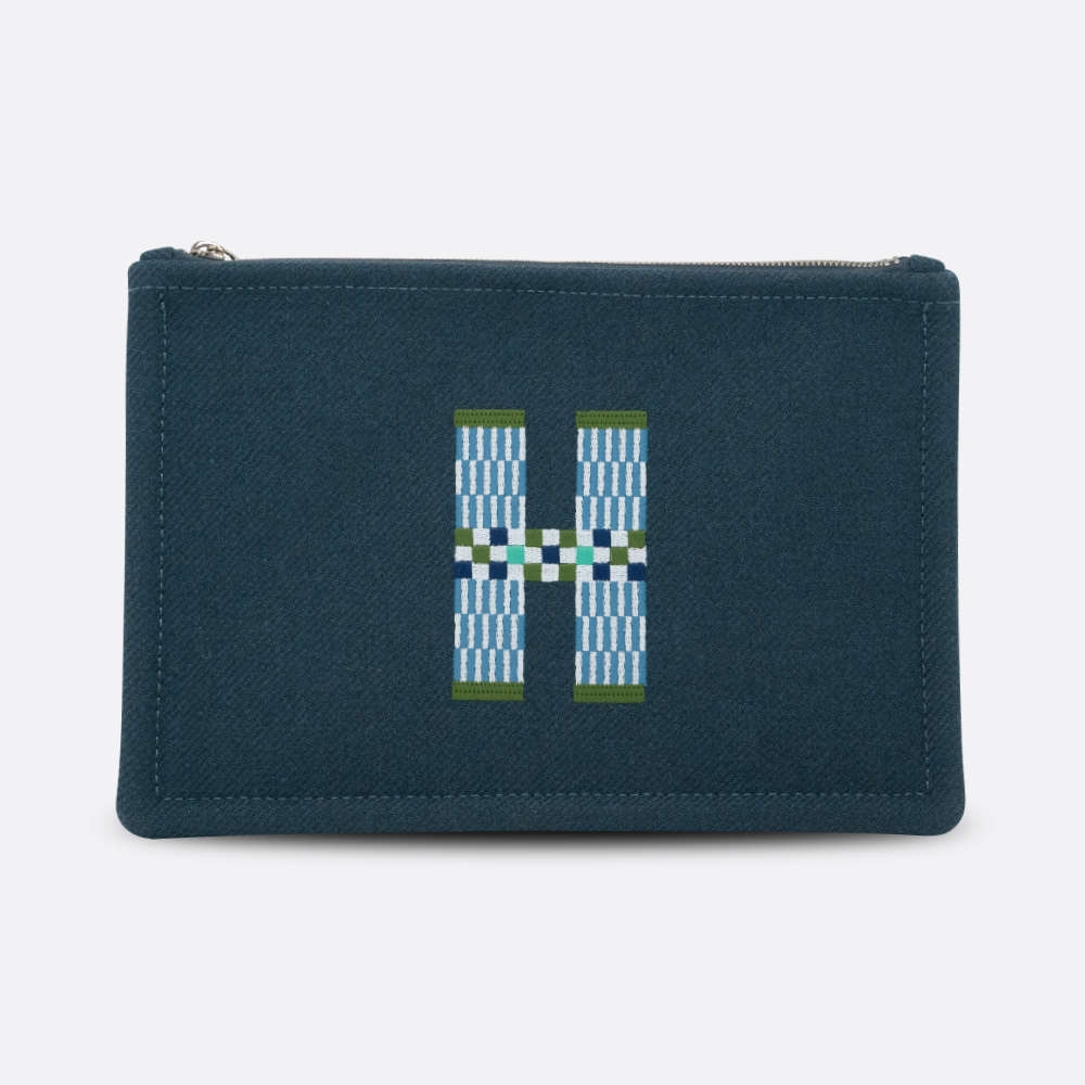 HERMES TROUSSE FLAT H NATTE CASE PM BLEU WOOL